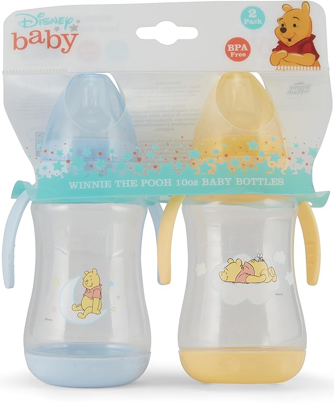 Disney 2 Pack 10 Ounce Baby Bottles with Character Prints and Colored Covers with Double Handle - BPA Free and Easy to Clean