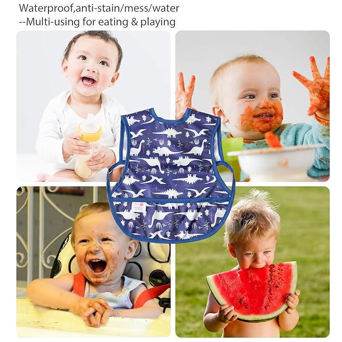 Joyo roy Mess Proof Baby Bibs 6-12 Months Waterproof Toddler Baby Boy Bibs for Eating Machine Washable Sleeveless Smock Bib Travel Reusable Led Weaning Apron for Feeding Bib with Food Catcher