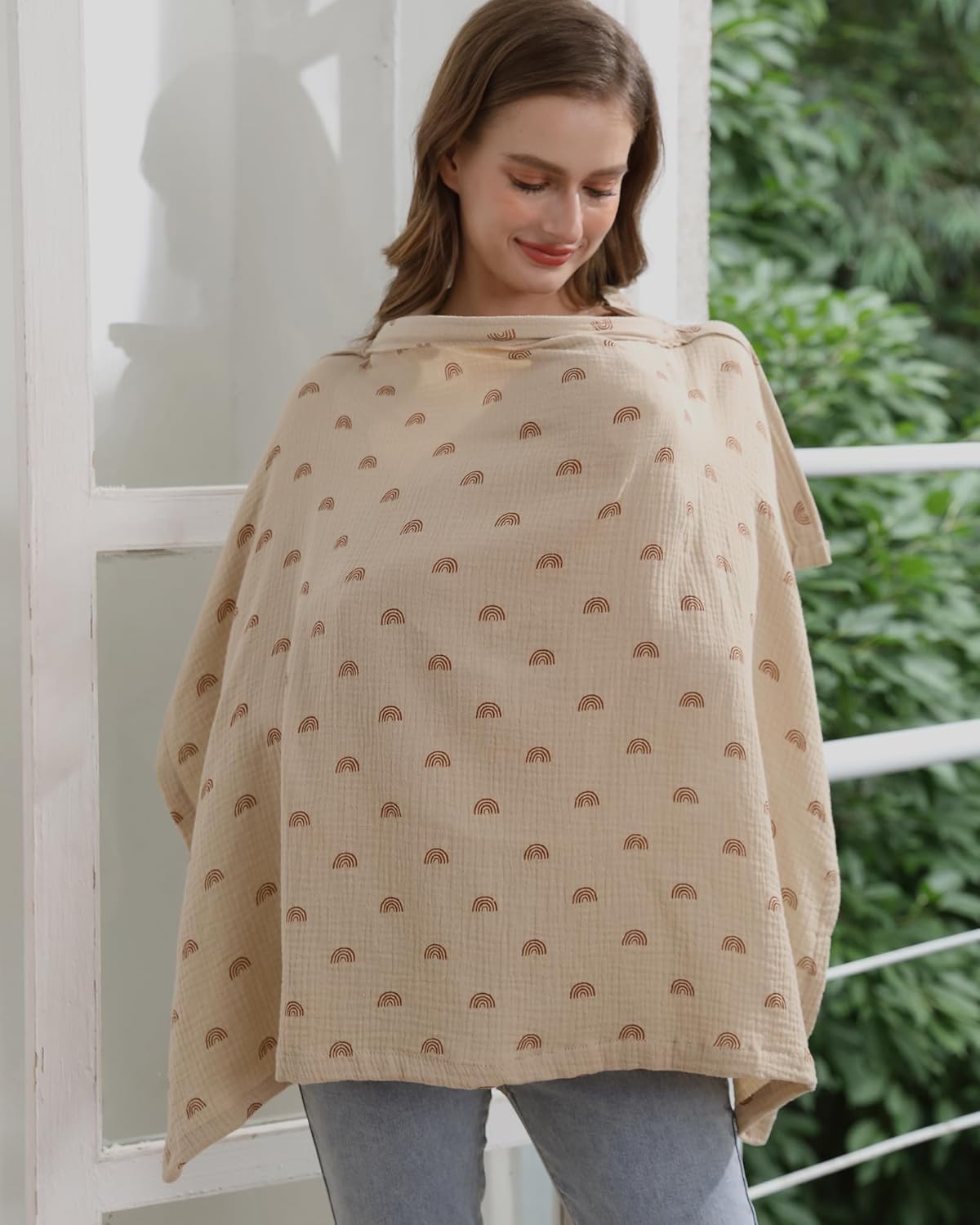 Muslin Nursing Cover for Baby Breastfeeding, Breathable 100% Cotton Breastfeeding Cover with Rigid Hoop for Mother Nursing Apron (Ivory Rainbow)