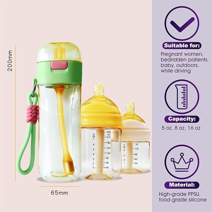 PPSU Pregnancy Water Bottle and Baby Bottle Set, Patented Leak-Proof Design, Postpartum Essentials, Great Gift for Moms and Babies, Silicone, Heat Resistant to 180°C/356°F (5 oz, 8 oz，16 oz)