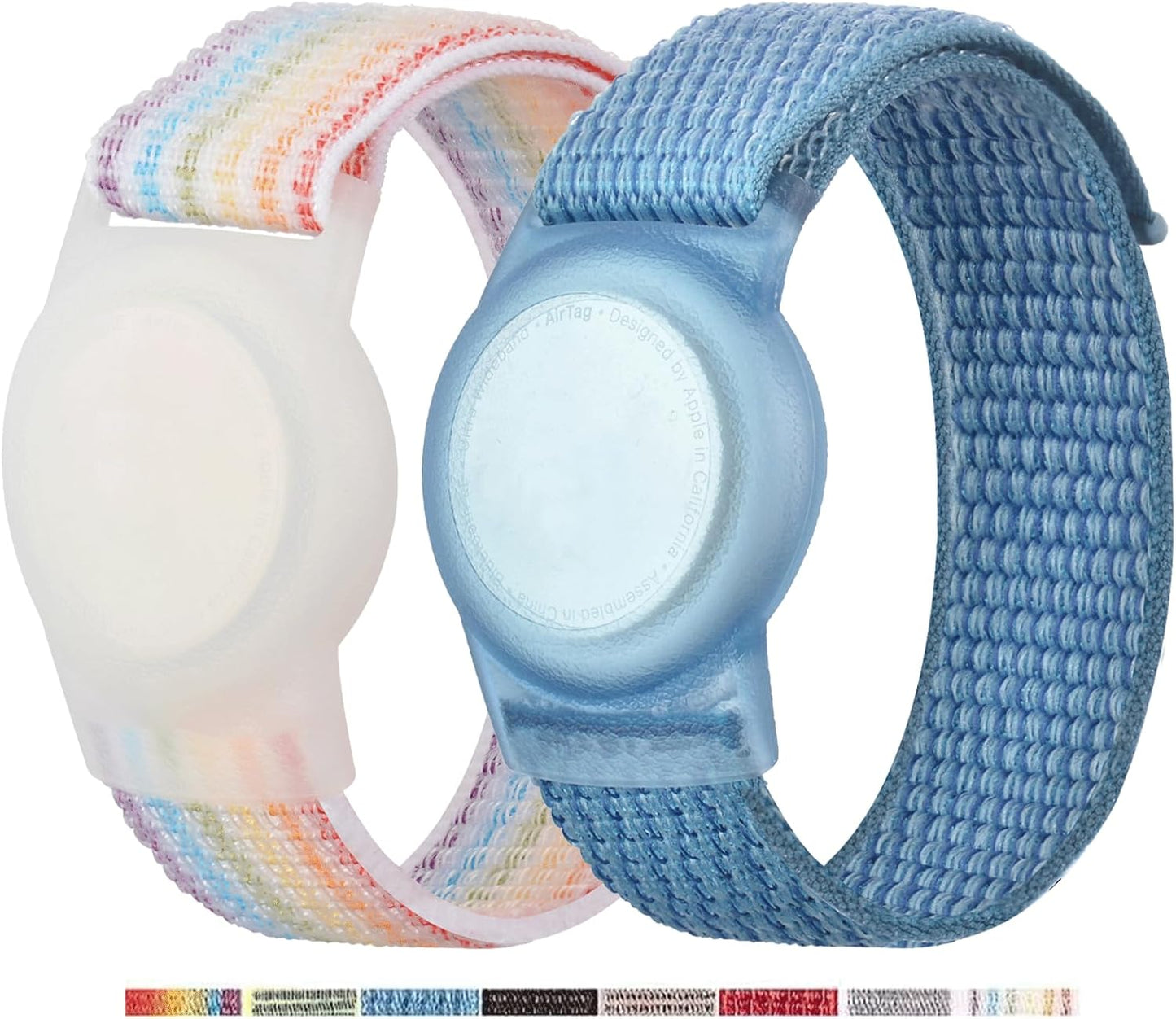 2 Pack AirTag Bracelet for Kids, Apple Air Tag Protective Cover with Nylon Wristband, Anti Lost GPS Trackers Case Cover Elastic Watch Band for Toddlers Girls Boys Elders (Light Rainbow,Blue)