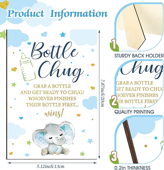 TrelaCo Blue Elephant Cool Baby Shower Games Bottle Chug Sign Wooden Elephant Theme Gift Sets Gender Reveal Party Favors and 12 Pcs Baby Bottle Shower Favor for Games Gender Reveal