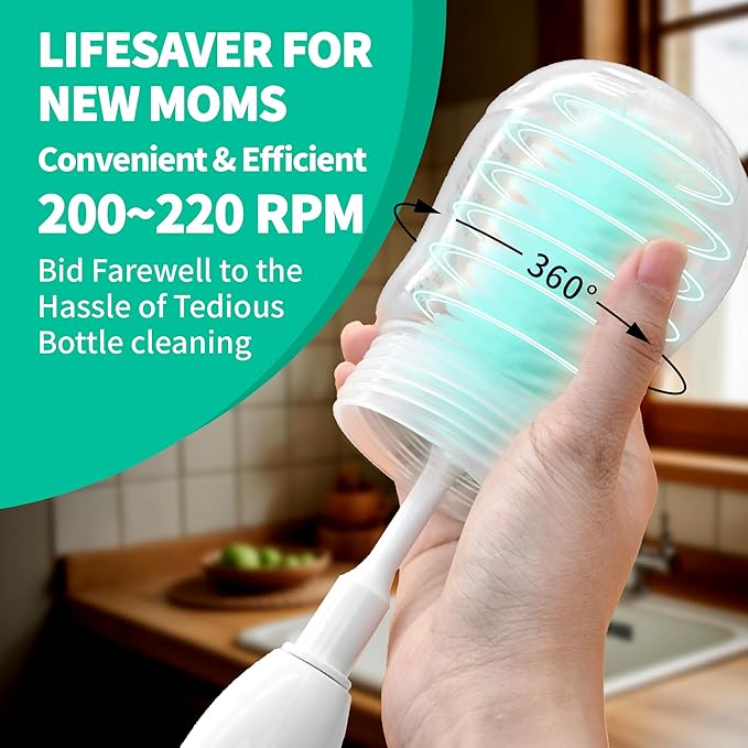 Electric Bottle Brush Cleaner, Portable Electric Baby Bottle Brush Cleaner for Travel, Rechargable Travel Bottle Cleaner Kit with Nipple & Straw Brush, Perfect Mom Essentials After Birth Gift, Green
