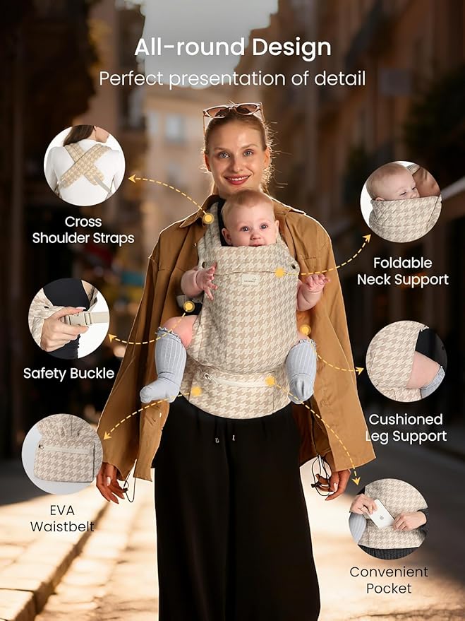 GROWNSY Baby Carrier Newborn to Toddler, Ergonomic Baby Toddler Carrier Wraps with Head Support, Easy to Wear, Infant Carrier Baby Gift, Travel and Hiking Friendly,for 7 to 44 lb (Houndstooth Beige)