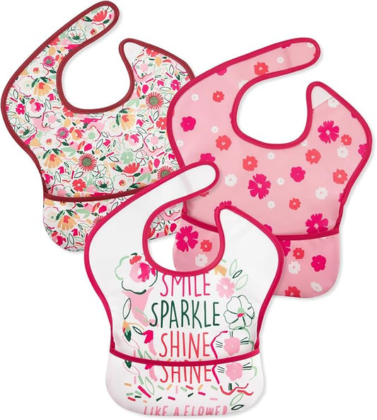 Mess Proof Baby Bib 3 Pack, Waterproof Led Weaning Baby Feeding Bibs with Food Catcher, Travel Feeding Bibs