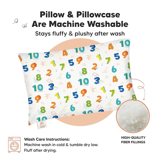 Toddler Pillow with Pillowcase - 13x18 My Little Dreamy Kids Travel Bed Pillows for Sleeping, Organic Cotton Small Pillowcase, Soft & Breathable, Machine Washable, Toddlers 2-5 Years Old (Dino123)