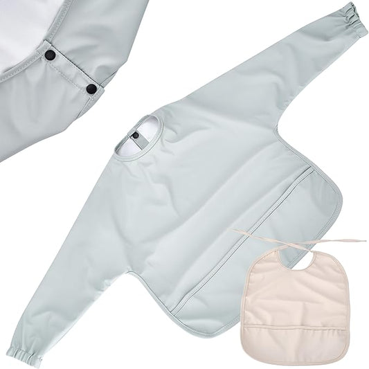 CHILDLIKE BEHAVIOR Baby Smock Bib - Waterproof Travel Buddy, Mess-Proof Feeding - Long Sleeves, Gentle Closure- Two-Layer