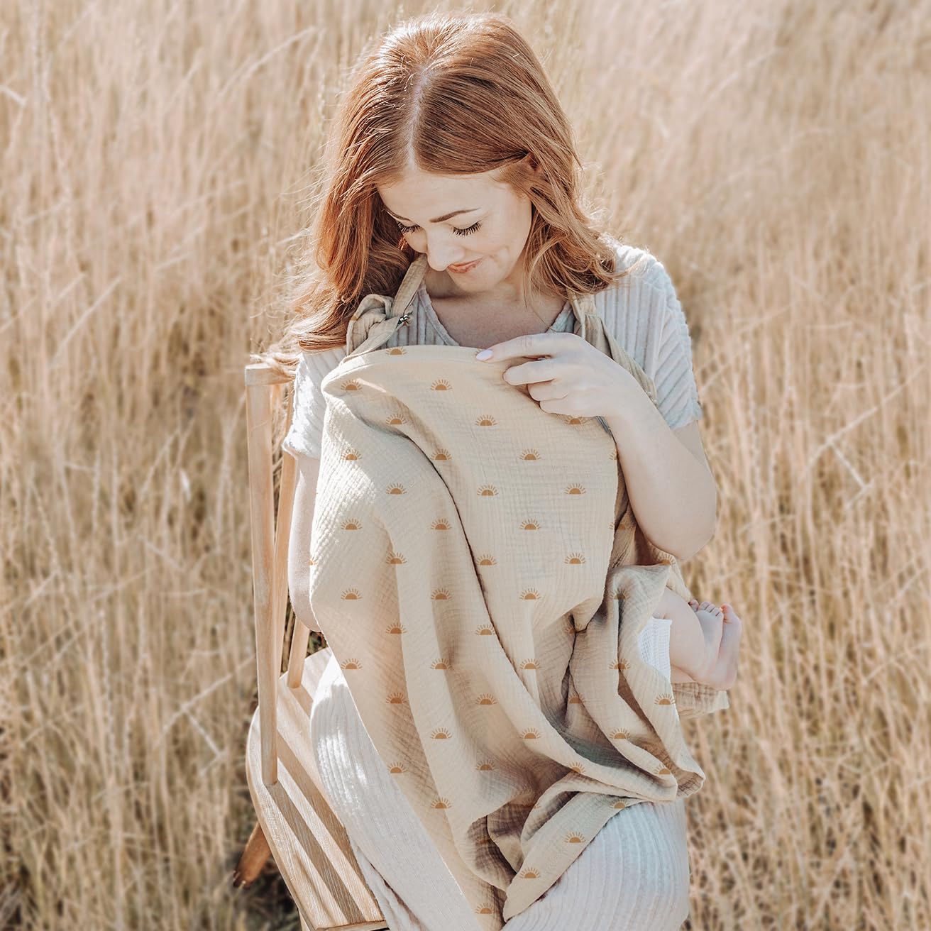 Konssy Muslin Nursing Cover for Baby Breastfeeding, Breathable 100% Cotton Breastfeeding Cover with Rigid Hoop for Mother Nursing Apron, Multi-use Carseat Canopy (Sun)