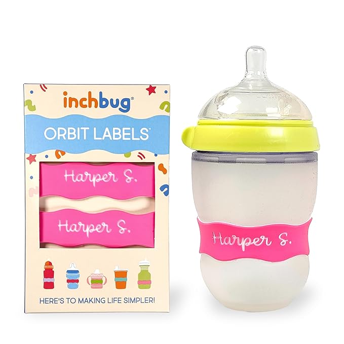 InchBug Orbit Labels Baby Bottle and Water Bottle Silicone Name Bands – Personalized Reusable Label Set for Daycare, Sippy Cups, Preschool, Elementary School, Dishwasher Safe, 4-Pack (Flamingo Pink)