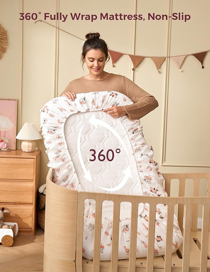 Momcozy Muslin Mini Crib Sheets Fitted - 38''x26'' Pack and Play Sheets for Pack N Play Mattress, 2 Pack Soft & Breathable Natural Cotton Non Slip Bed Cover for Boys, Girls, Farming Joy