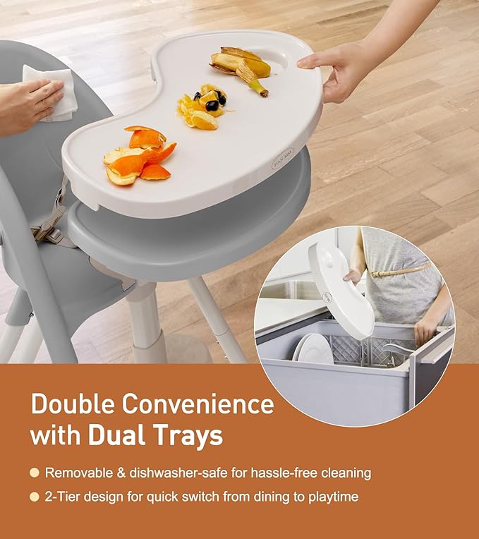 Funny Supply 3-in-1 Cute Folding High Chair, High Chairs for Babies and Toddlers, Modern Space Saving Highchair with Removable Double Tray, Easy to Clean, Light Weight Baby Feeding Chair, Gray