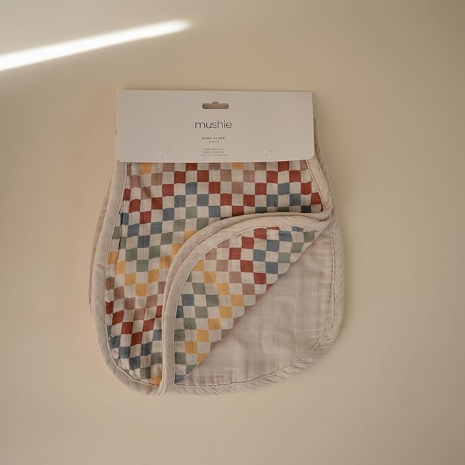 mushie Muslin Baby Burp Cloths | 100% Organic Cotton, Set of 2 (Retro Check/Fog)