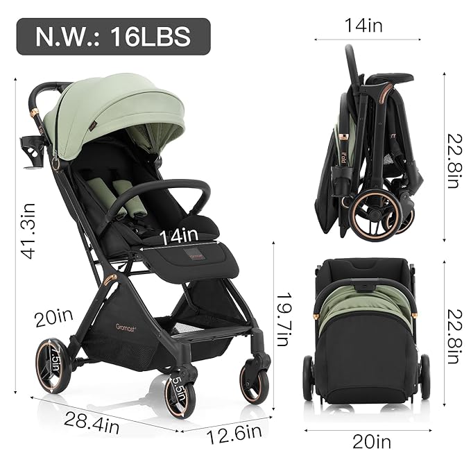 Gravity Folding Baby Stroller - Portable Travel Toddler Stroller w/Adjustable Backrest & Canopy, Cup Holder, Lightweight and UV Protected, One-Hand Automatic Folding - Green