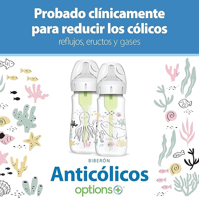 Dr. Brown’s Natural Flow® Anti-Colic Options+™ Wide-Neck Baby Bottle Designer Edition Bottles, Ocean Decos, 9 oz/270 mL, Level 1 Nipple, 2-Pack, 0m+