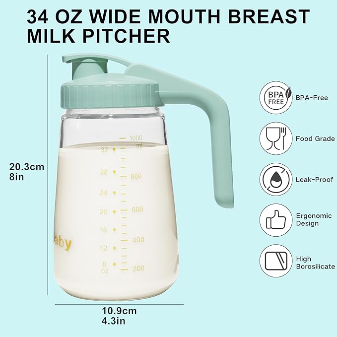34oz Breast Milk Pitcher, Breast Milk Storage Containers for Fridge, Breastfeeding Essentials with Sealing Ring, No Leak Glass Pitcher with Handle and Lid for Ice Tea Juice Green
