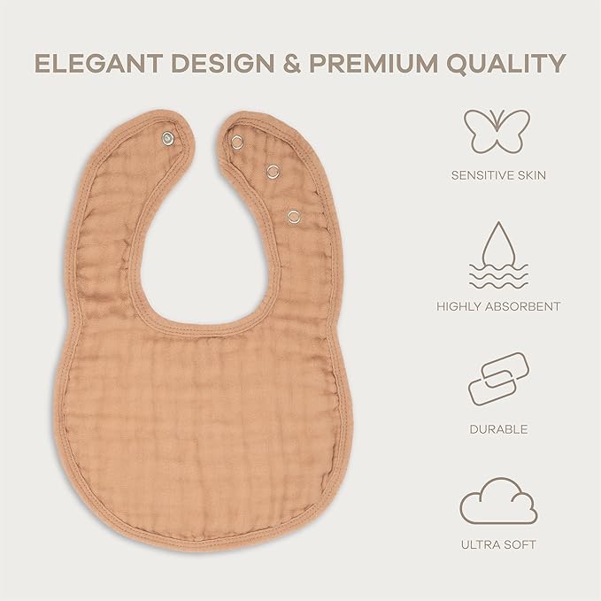 Comfy Cubs Muslin Bibs for Babies, Pack of 4 - Soft and Highly Absorbent, Feeding, Drool and Teething Bib, Adjustable Snaps - Stylish & Colorful Unisex Designs, Giftable Set - Caramel