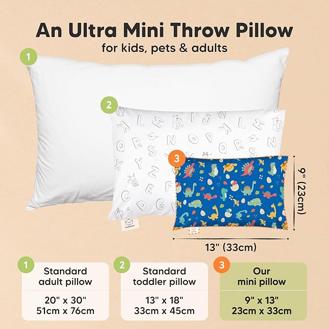 Mini Toddler Pillow with Pillowcase - 9x13 My Little Dreamy Travel Kids Pillow for Sleeping, Toddler Bed, Small, Tiny, Organic Cotton Pillowcase, Soft & Breathable, Kids 2-4 Years Old (DinoWorld)