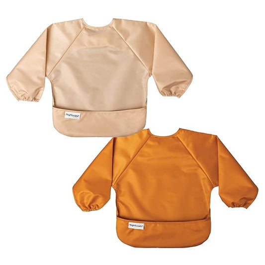 Tiny Twinkle Long Sleeve Bib for Babies & Toddlers – 2 Pack Waterproof Smock Bibs for Eating – Machine Washable & Mess-Proof, Baby Feeding Essential & Shower Must-Have (Sand Cinnamon,6–24M)