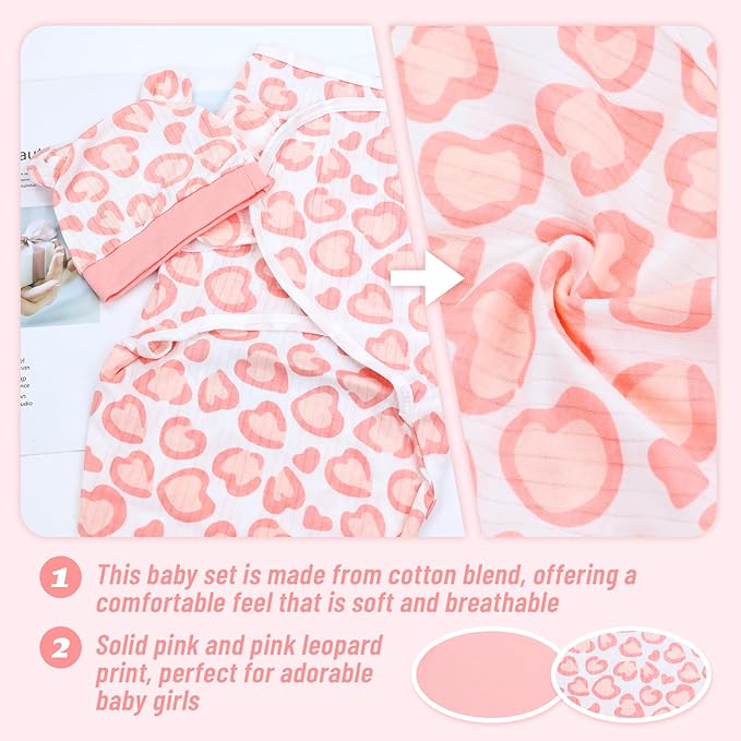 Cinaci 2 Pack Adjustable Soft Cotton Blend Newborn Baby Receiving Swaddle Blankets Sleep Sacks with Nursery Hats Caps Beanies Bonnets for Baby Girls Boys Newborns Infants