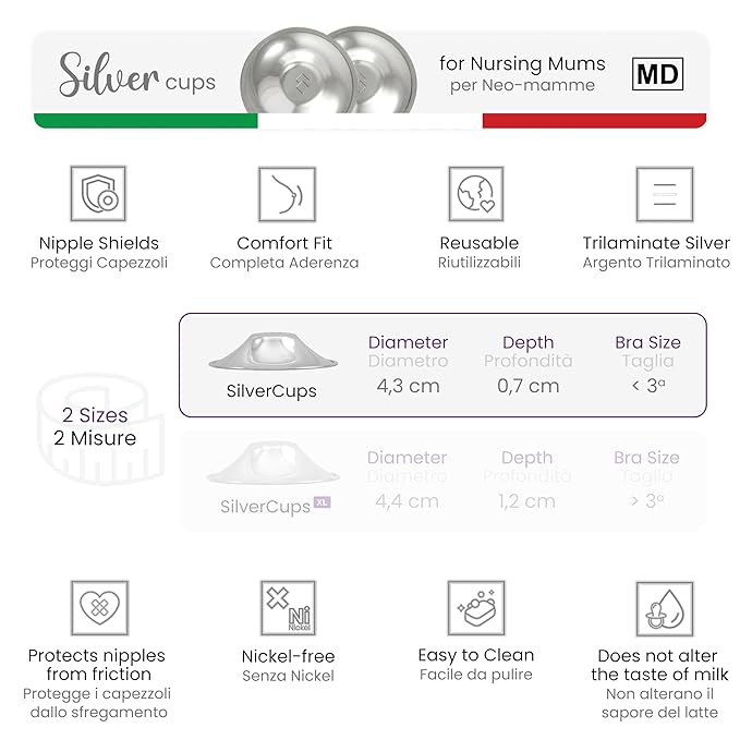 Original Italian Silver Nursing Cups - Nipple Shields for Breastfeeding - Helps Soothe and Protect Sore Nipples - Dermatologically Tested - Medical Device FDA-Registered (Small)