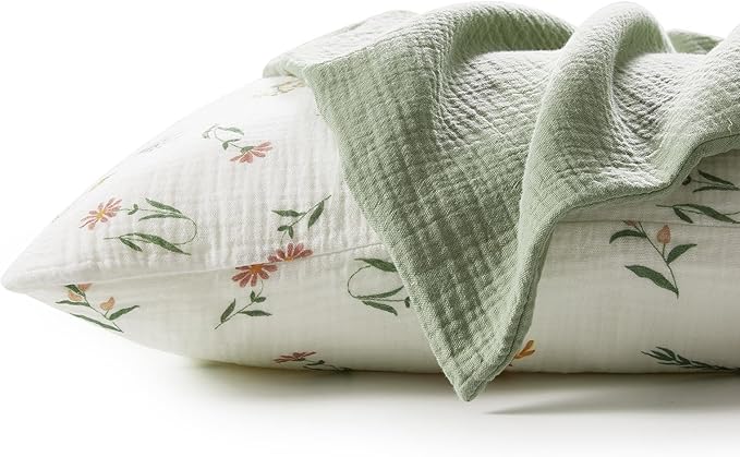 TILLYOU Muslin Toddler Pillowcase 2 Pack, 13x18 Soft Travel Cotton Pillow Case Kids for Boys and Girls, Daisy