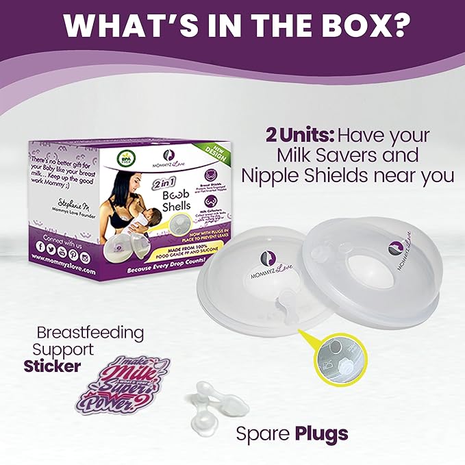 Mommyz Love Breast Shells & Milk Catcher for Breastfeeding New Model with Plugs - Breast Milk Catcher to Relieve Cracked Sore & Engorged Nipples - Breast Shells Milk Collector for Leaking Milk 2 Pack