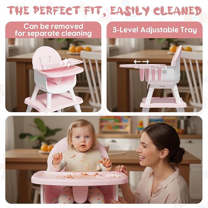 6 in 1 Baby High Chair, Convertible Highchair for Babies and Toddlers (Pink)