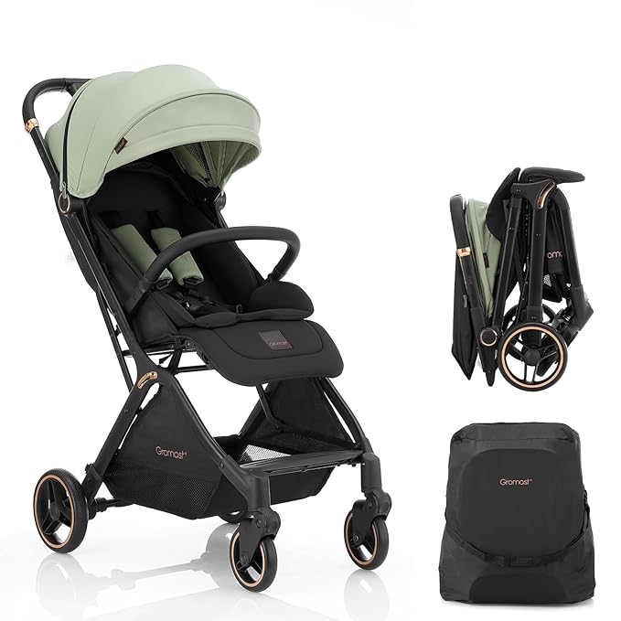 Gravity Folding Baby Stroller - Portable Travel Toddler Stroller w/Adjustable Backrest & Canopy, Cup Holder, Lightweight and UV Protected, One-Hand Automatic Folding - Green