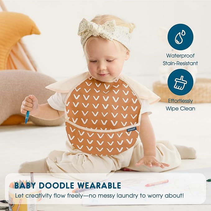 GRSSDER 3-pack Mess Proof Baby Feeding Bibs with Food Catcher Pocket, Soft Lightweight Waterproof Fabric Material with Zero Plastic-like Feel, Adjustable and Easy Clean Toddler Bibs for 6-36 Months