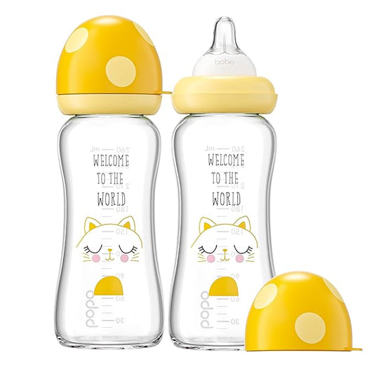 YOHKOH Natural Glass Baby Bottle with Natural Response Nipple, Newborn Anti-Colic Baby Bottles, Wide Neck Mushroom Cap Baby Bottle, Clear (8.8ounce (Pack of 2), Yellow1)