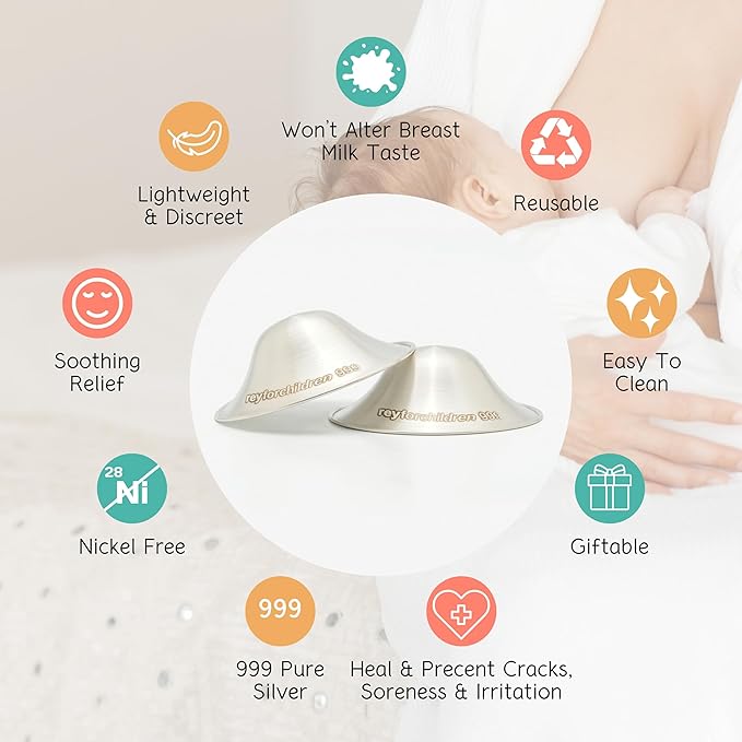 RFC Silver Nursing Cups - 999 Silver Nursing Pad - Nipple Shield Kit for Nursing Newborn - Breastfeeding Essentials - Nipple Cover Breastfeeding - With Silicone Ring & Cleaning Scotch & Case (REGULAR)