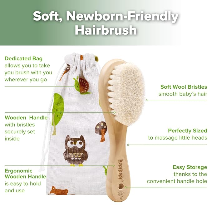 haakaa Wooden Baby Hair Brush for Newborns and Toddlers Baby Brush Natural Soft Wool Bristles Hairbrush, Ideal for Cradle Cap, Perfect Baby Registry Gift with Carry Pouch, 1PC