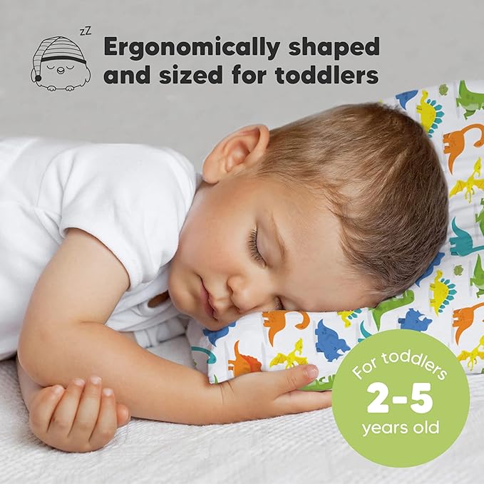 Toddler Pillow with Pillowcase - 13x18 My Little Dreamy Kids Travel Bed Pillows for Sleeping, Organic Cotton Small Pillowcase, Soft & Breathable, Machine Washable, Toddlers 2-5 Years Old (Happy Dino)