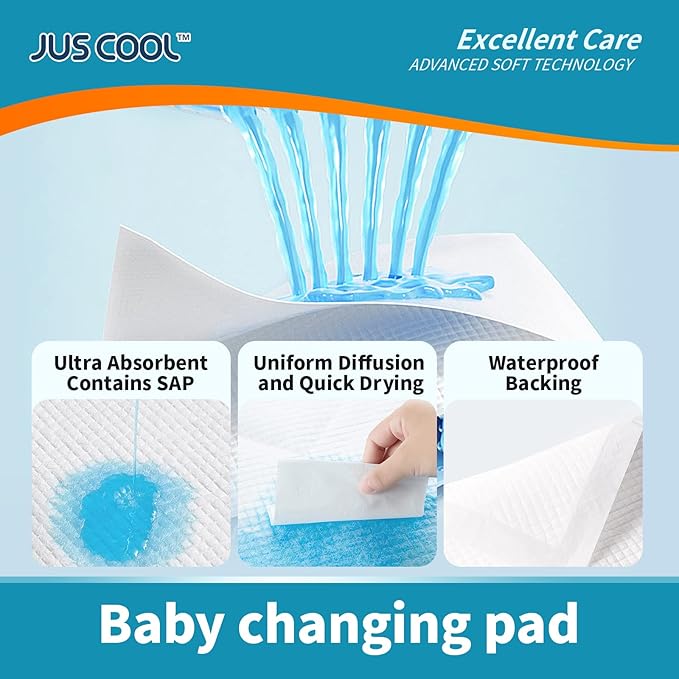 JUS COOL Baby Disposable Changing Pads, 13”x 18”(200+1 Count) Underpads Portable Diaper Changing Pads, Soft Bed Pads Ultra Absorbent and Waterproof
