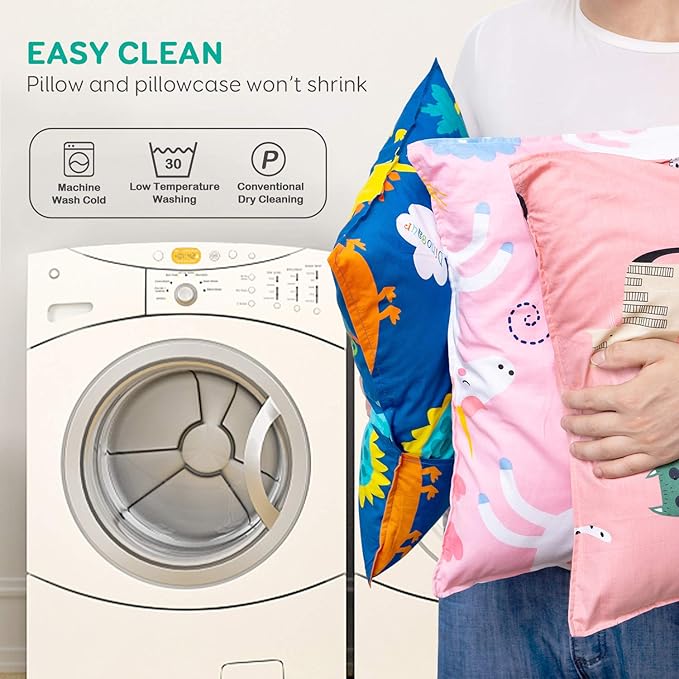 Cottonblue Toddler Pillow, Kids Pillows for Sleeping 14 x 19 Inches, Kids Pillow with Soft Cotton Pillowcase, Machine Washable, Perfect for Travel Toddlers Cot, 2 Pack, Blue Dinosaur