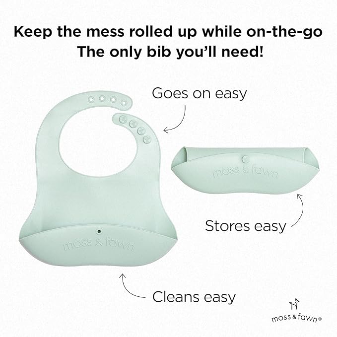 Moss and Fawn Gather & Roll Bib - Washable Waterproof Silicone Baby Feeding Bib - BPA, Lead, & PVC-Free