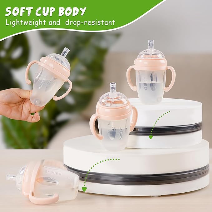 haakaa Weighted Straw Cup Sippy Cup for 6+ Month Old, Silicone Baby Straw Cup Water Cup Training Cup with Straw Brush, 8oz/250ml, Peach