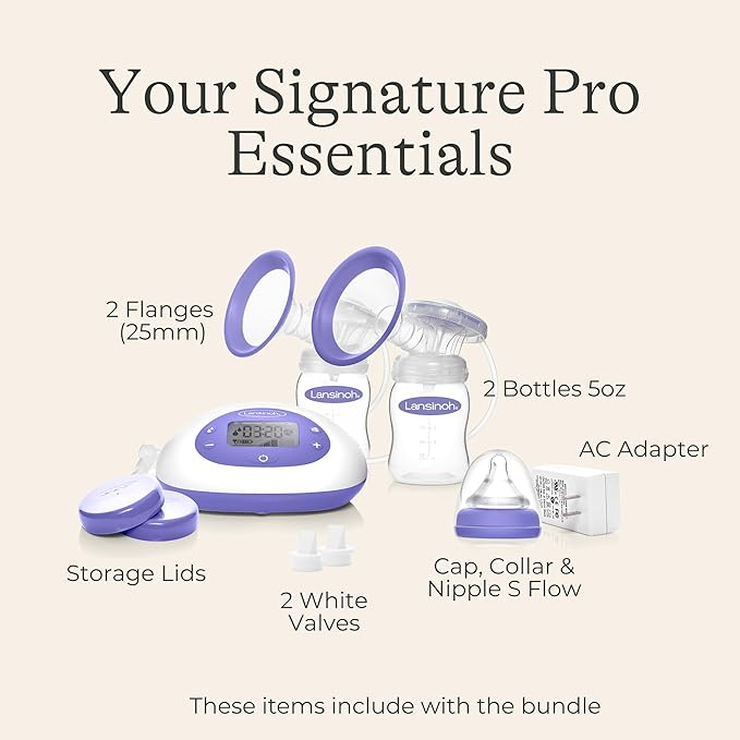 Lansinoh Oh Baby Newborn Essentials Kit – Signature Pro Double Electric Breast Pump with 25mm Flanges, 2 Feeding Bottles + 4 Count 5 oz Anti-Colic Baby Bottles with Newborn Flow Silicone Nipples