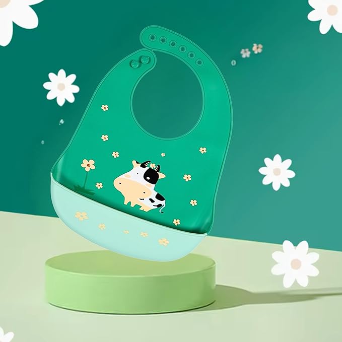 Silicone Baby Bibs Unisex, Self-Feeding, Catch-all Large Pocket, 6-48 months, BPA-Phthalate Free, w/Travel Case