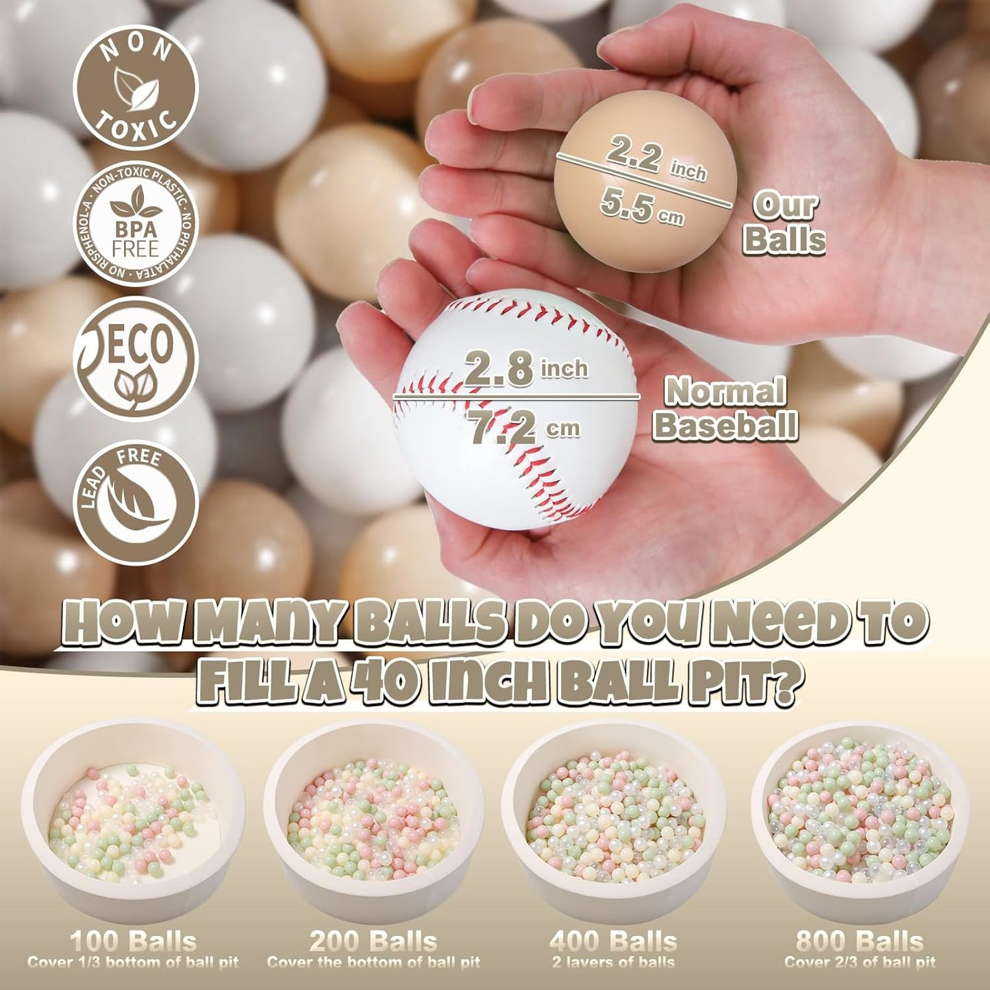 GOGOSO Balls for Ball Pit - Plastic Ball for Toddlers 1-3, Baby Kids Ball Pool Decoration 50 100 200 300 500 1000 (Grey+Coffee+ Beige+White, 500 Balls)