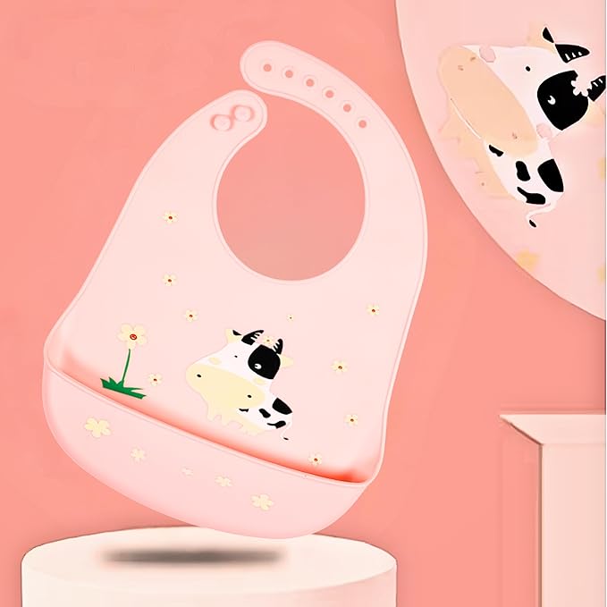 Silicone Baby Bibs Unisex, Self-Feeding, Catch-all Large Pocket, 6-48 months, BPA-Phthalate Free, w/Travel Case