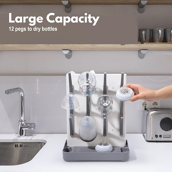Space Saving Vertical Bottle Drying Rack, Large Countertop Baby Bottle Drying Rack Holder for Baby Bottles and Pump Parts, Gray
