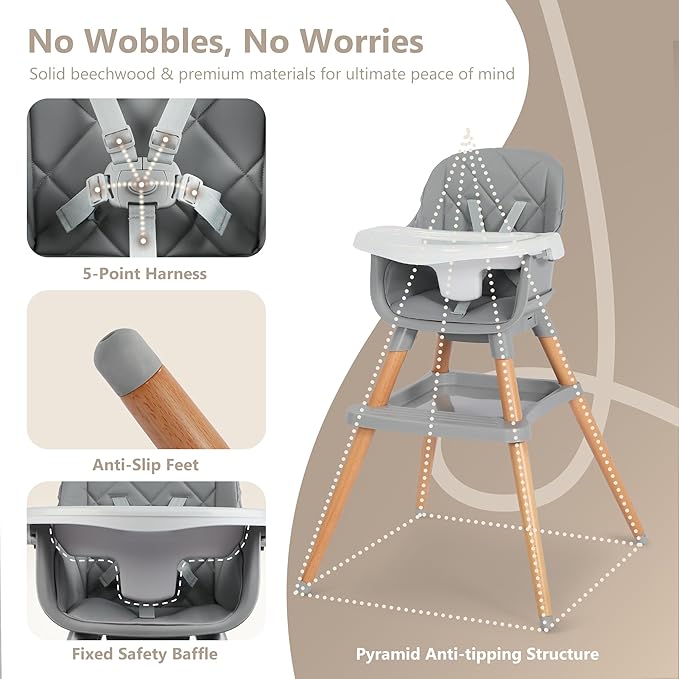 Kinder King 7 in 1 Baby High Chair for Babies and Toddlers with Large Storage Footrest, Booster Seat, Convertible Wooden High Chair with 3-Depth Double Dishwasher Safe Tray, 5 Point Harness, Gray