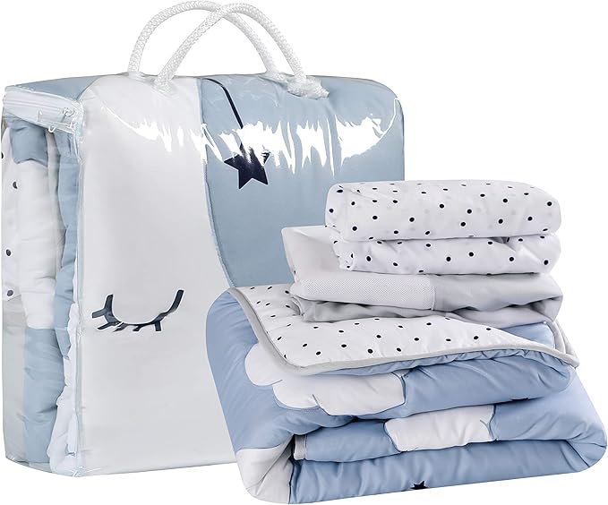 La Premura Sleeping Moon Baby Nursery Crib Bedding Set, 3 Piece Standard Size Crib Bedding Set, Blue and Grey