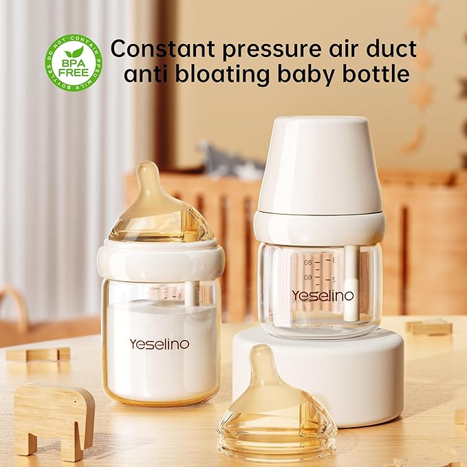 Natural Nursing Glass Baby Bottle - with Anti-Colic Vent System - BPA-Free, 2.7 oz and 5.4 oz with Slow Flow & Medium Flow Nipple, 0-6 Months, 2 Pack (Includes 4pcs Nipples)