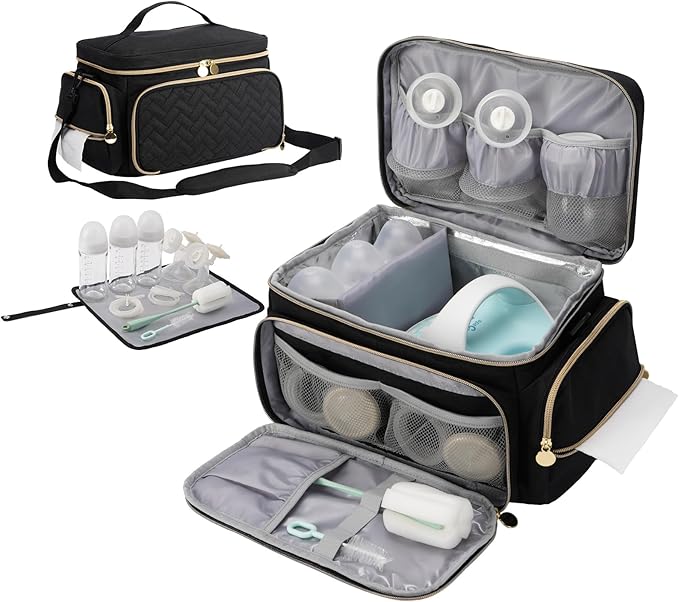 Breast Pump Bag Compatible with Spectra S1 and S2, Large Insulated Storage with Waterproof Mat, Travel & Work Portable Pump Carrying Case for Pumping Accessories, Black