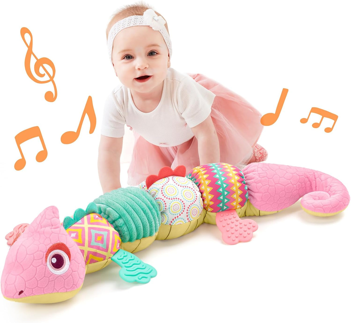 LIGHTDESIRE Baby Toys Musical Dinosaur,Infant Stuffed Animal Toys with Crinkle and Rattles,Soft Sensory Toys with Textures for Tummy Time Newborn Boys Girls 0 3 6 12 Months(Pink)