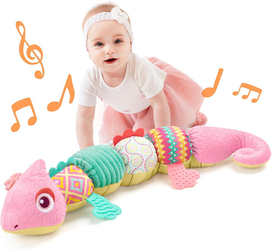 LIGHTDESIRE Baby Toys Musical Dinosaur,Infant Stuffed Animal Toys with Crinkle and Rattles,Soft Sensory Toys with Textures for Tummy Time Newborn Boys Girls 0 3 6 12 Months(Pink)