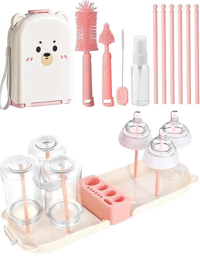 Travel Baby Essentials, 7in1 Travel Baby Bottle Cleaning Kit, Baby Essentials for Flying Nipple, Drying Rack, Straw, Soap Dispenser Dish Soap for Bottles, Gift for Mom (Pink)