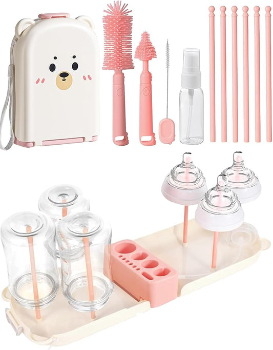 Travel Baby Essentials, 7in1 Travel Baby Bottle Cleaning Kit, Baby Essentials for Flying Nipple, Drying Rack, Straw, Soap Dispenser Dish Soap for Bottles, Gift for Mom (Pink)